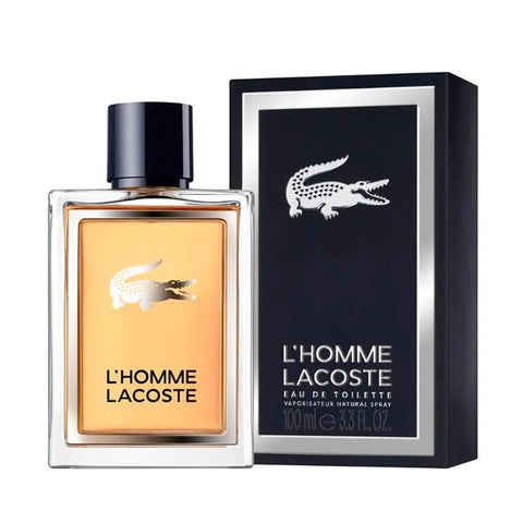 Lacoste L'Homme Eau de Toilette spray 100ml bottle, featuring sleek design and branding, on a reflective surface