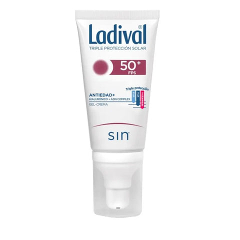 Ladival anti-aging gel-cream with SPF 50+ in 50ml tube, shown with smooth, radiant skin and product packaging.
