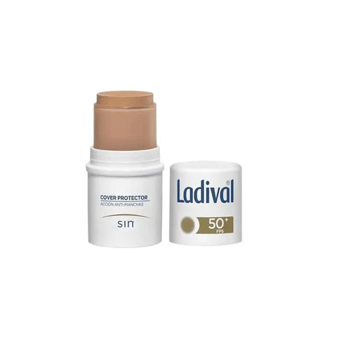 Ladival facial cover stick with 50+ SPF, 4g, in a natural skin tone, from Jag Couture London New York, showing the product in hand.