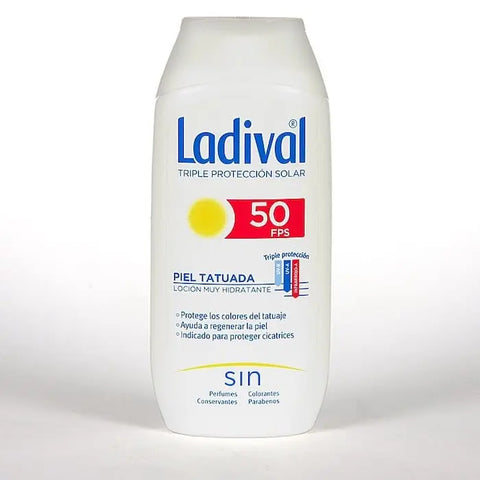 Ladival Tattooed Skin Lotion SPF50 in a 200ml bottle, designed for tattooed skin protection, by Jag Couture London New York.