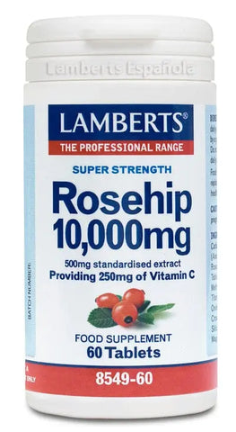 Lamberts Escaramujo 10,000 Mg supplement bottle with 60 tablets, shown with label details and product packaging.
