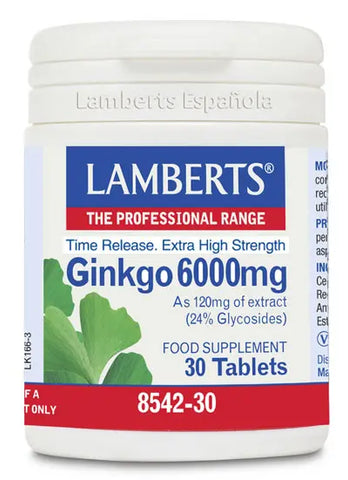 Lamberts Ginkgo Biloba 6000 mg supplement bottle with 60 tablets, shown with the product label and packaging.