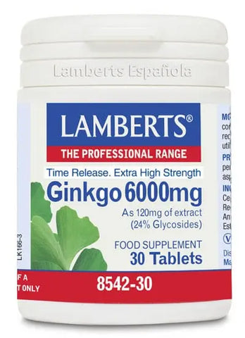 Lamberts Ginkgo Biloba 6000 mg supplement bottle with 60 tablets, shown on a plain background.