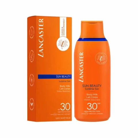 Lancaster Sun Beauty Sublime Tan Body Milk SPF30 175ml, shown in a white bottle with a blue cap, on a neutral background.