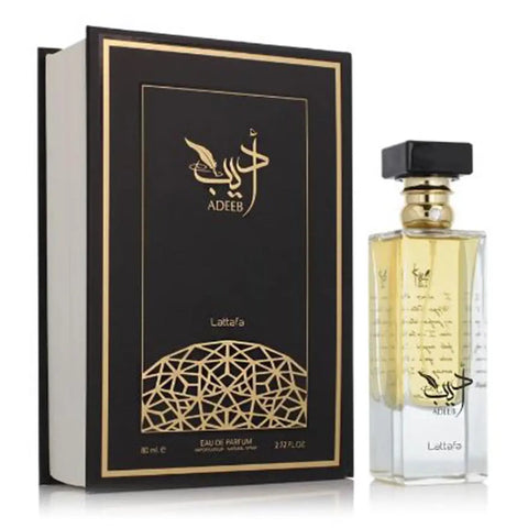 Lattafa Adeeb Eau De Parfum spray in 80ml bottle, featuring elegant packaging from Jag Couture London New York.