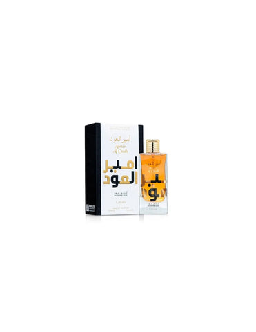 Lattafa Ameer Al Oudh Eau De Parfum Intense Oud 100ml bottle, luxurious fragrance by Lattafa in a sleek glass container.