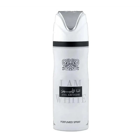 Lattafa Ana Abiyedh I Am White 200ml spray deodorant, with sleek white bottle, designed for fresh, long-lasting scent.