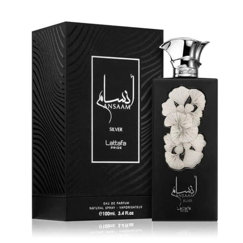 Lattafa Ansaam Silver Eau De Parfum 100ml spray bottle with sleek silver design by Jag Couture London New York
