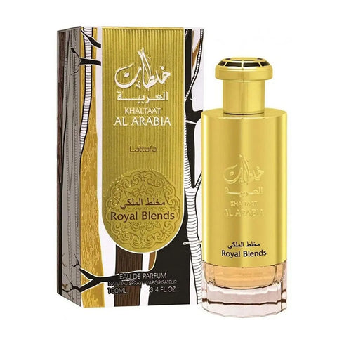 Lattafa Khaltaat Al Arabia Royal Blends Eau De Parfum 100ml spray featuring elegant bottle design by Jag Couture London New York