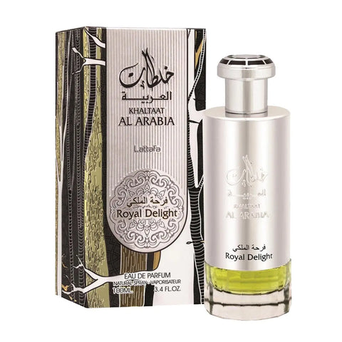 Lattafa Khaltaat Al Arabia Royal Delight Eau De Parfum 100ml spray featuring elegant packaging and branding from Jag Couture London New York