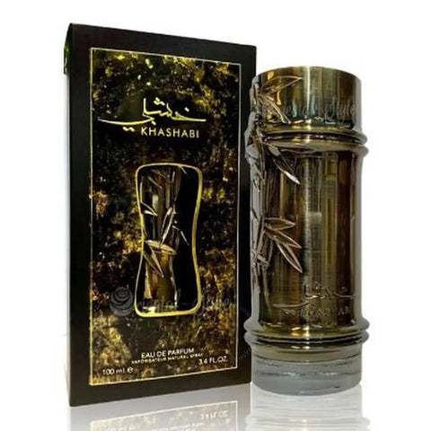Lattafa Khashabi Eau De Parfum 100ml spray by Jag Couture London, featuring elegant glass bottle with a sleek design.