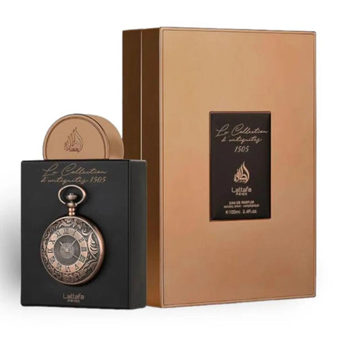 Lattafa La Collection Dantiquites 1505 Eau De Parfum spray, 100ml bottle, with elegant packaging and floral accents.