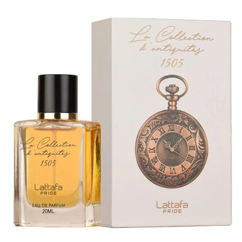 Lattafa La Collection Dantiquites 1505 Eau De Parfum 20ml spray bottle, elegant packaging, showcasing luxury fragrance design