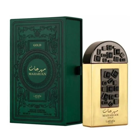 Lattafa Maharjan Gold Eau De Parfum spray, 100ml, by Jag Couture London New York, featuring a luxurious gold fragrance bottle.