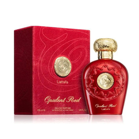 Lattafa Opulent Red Eau De Parfum 100ml spray with elegant red bottle, displayed on a neutral background.