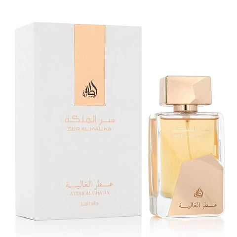 Lattafa Ser Al Malika Eau De Parfum spray bottle, 100ml, with elegant packaging showcasing the Attar Al Ghalia fragrance.