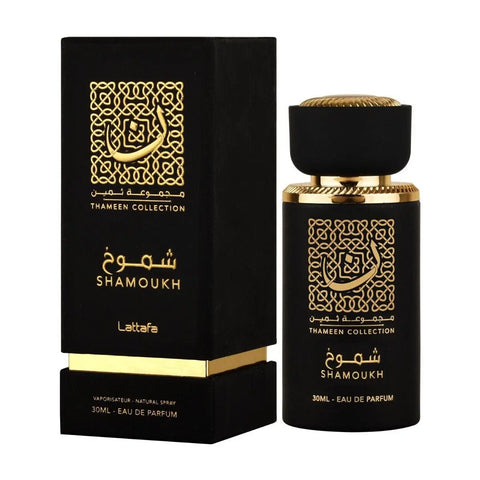 Lattafa Shamoukh Eau De Parfum spray from Thameen Collection, 30ml, in a sleek bottle with elegant design.