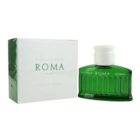 Laura Biagiotti Roma Uomo Green Swing Eau De Toilette spray in 200ml bottle, featuring a sleek design and fresh fragrance.