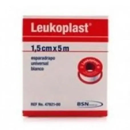 White Leukoplast Esparadrapo medical tape, 1.25 cm x 5 m, from Bsn Medical, displayed on a clean background.