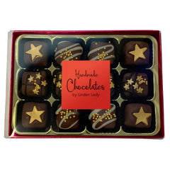Linden Lady 12 chocolate covered fudge pieces in long red box with cello lid Jag Couture London - New York