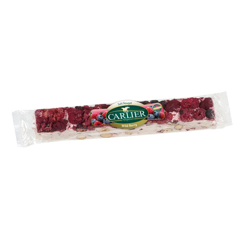 Jag Couture London-New York forest fruits wrapped nougat bar in display box, showcasing colorful fruit-filled confectionery.