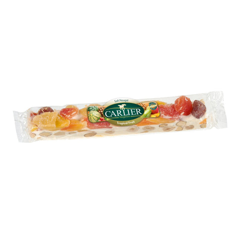 Jag Couture London New York almond and fruit wrapped nougat bar in display box, showcasing its soft texture and colorful ingredients.