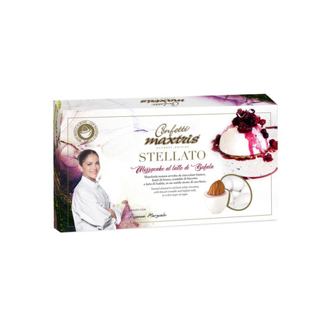 Stellato Mozzacake by Jag Couture London features toasted almonds, red fruit white chocolate, biscuit crumb, and buffalo milk.