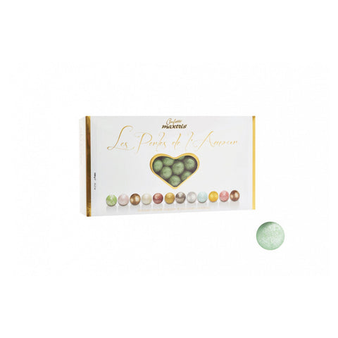 Les Perles Summer Vert by Jag Couture London, toasted hazelnuts in dark and white chocolate with green sugar coating.