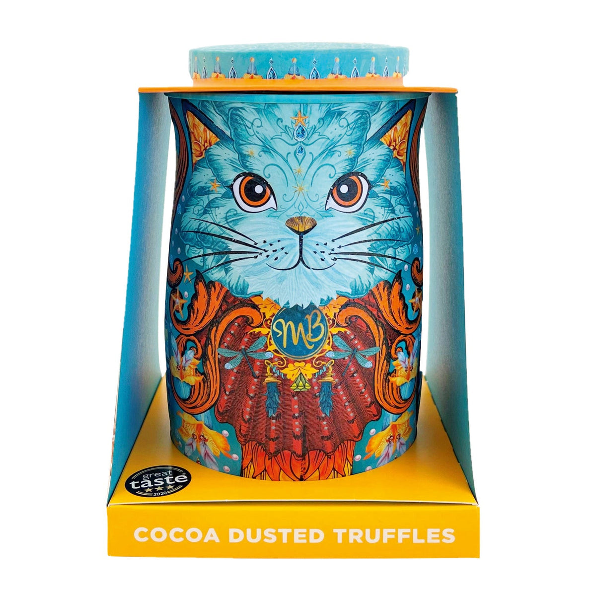 Spirit blue cat tin filled with Coconut Crush cocoa dusted truffles with caramelised coconut pieces