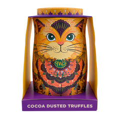 Savanna gold cat tin of Flutter Scotch flavoured cocoa dusted truffles with butterscotch chips
