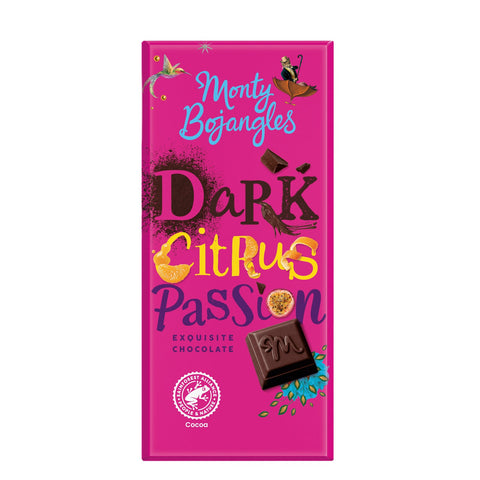 Dark Citrus Passion chocolate bar by Jag Couture London - New York, showcasing rich dark chocolate with citrus flavor details.