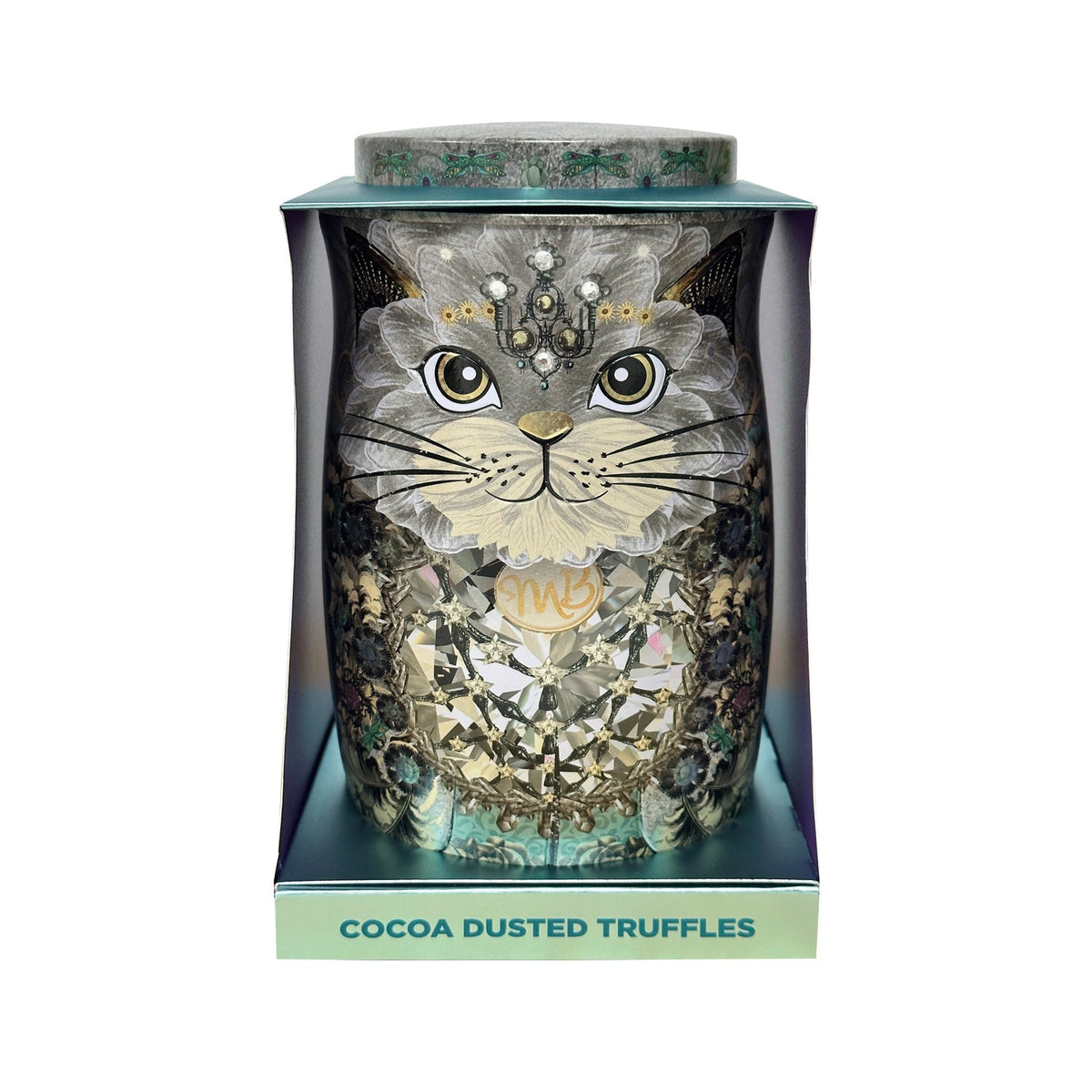 Diamond snow cat tin of assorted flavoured cocoa dusted truffles