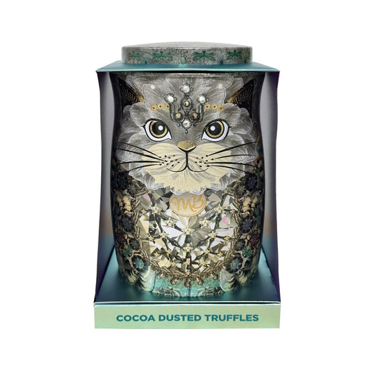 Diamond snow cat tin of assorted flavoured cocoa dusted truffles