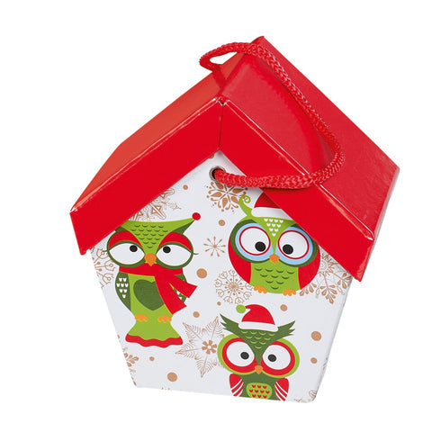 Decorative Christmas owl house from Jag Couture London-New York, measuring 115x130mm, featuring festive holiday design.