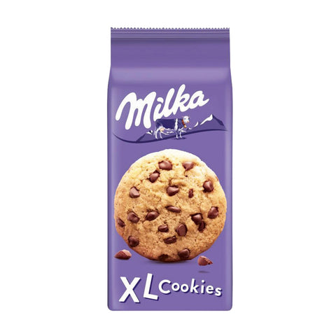 Milka XL chocolate chip cookies by Jag Couture London, featuring large cookies with chocolate chips on a plate.