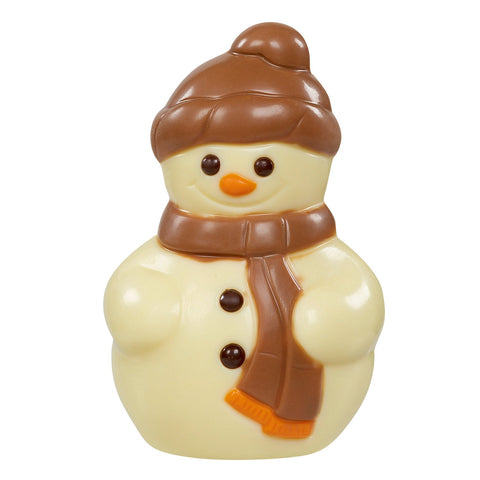 Hollow white chocolate snowman decoration, 10cm tall, crafted by Jag Couture London New York, with detailed snowy features.
