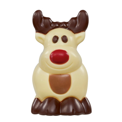 Set of 24 mini Rudolph chocolates by Jag Couture London featuring hollow milk and white chocolate decorated reindeer, 9cm tall.
