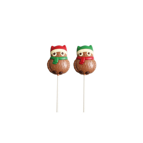 Solid decorated milk chocolate Christmas owl lolly from Jag Couture London - New York, featuring festive holiday-themed owl design.