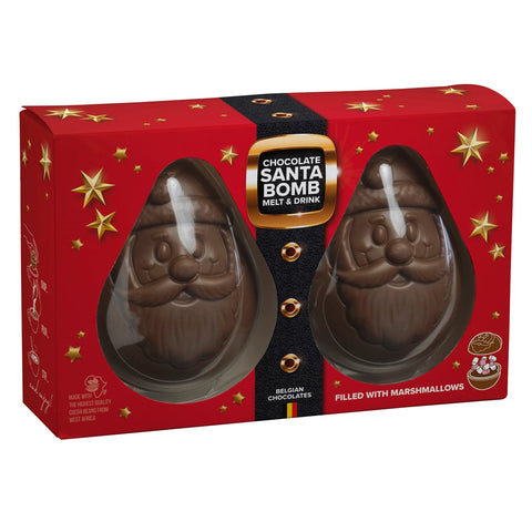 Jag Couture London New York Duo Santa milk chocolate bomb with mini marshmallows in gift box, festive holiday treat.