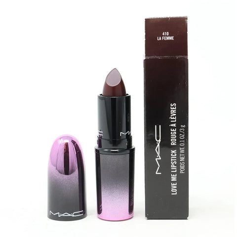 Mac Love Me Lipstick in shade 410 La Femme, featuring a sleek black tube and the lipstick partially twisted up for display.