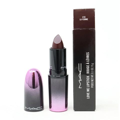 Mac Love Me lipstick in shade 410 La Femme, sleek bullet form, with brand packaging from Jag Couture London New York.