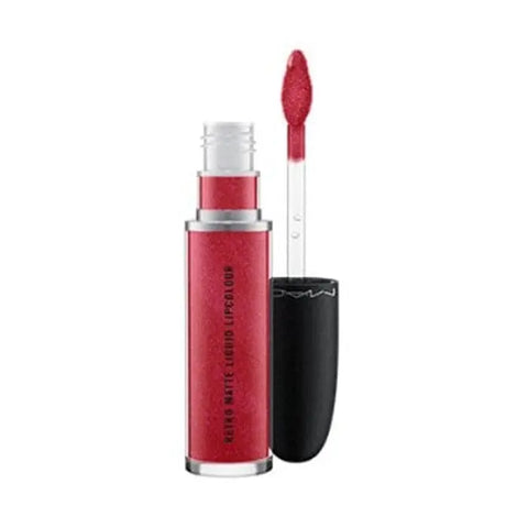 Mac Retro Matte Liquid Lipcolour Metallics in Love Weapon by Jag Couture London, showing the metallic lipstick tube and applicator.