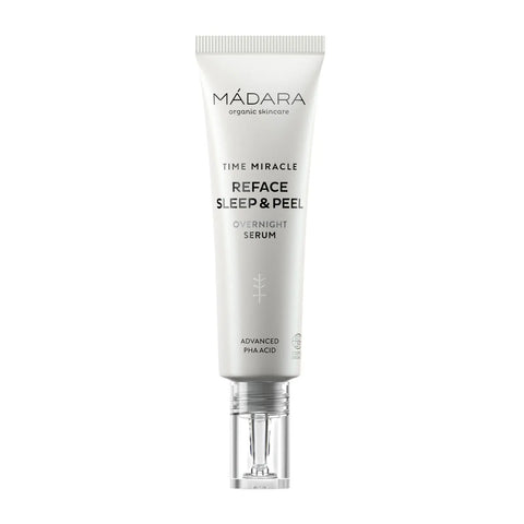 Mádara Time Miracle Reface Sleep y Peel Overnight Serum in a 30ml bottle, featuring sleek packaging with natural skincare branding.