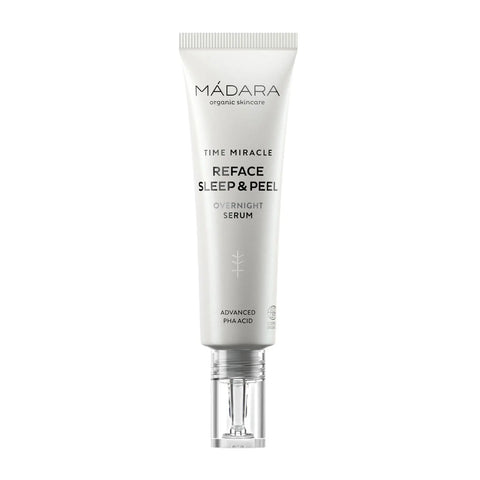 Mádara Time Miracle Reface Sleep & Peel Overnight Serum 30ml, with sleek bottle and applicator, on a neutral background.