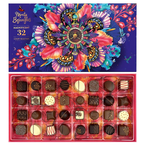 Luxurious 32-piece Belgian chocolate and truffle assortment gift box by Jag Couture London New York, featuring assorted chocolates and truffles.