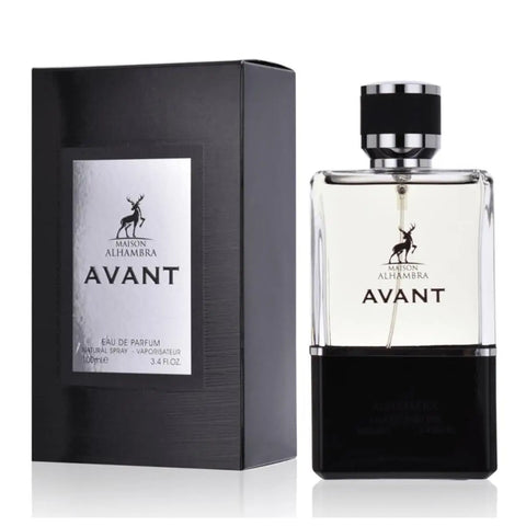 Maison Alhambra Avant Eau De Parfum 100ml spray bottle by Jag Couture London New York, sleek glass perfume with elegant design.