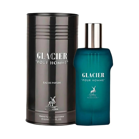 Maison Alhambra Glacier Pour Homme Eau De Parfum 100ml spray by Jag Couture London, New York, with sleek glass bottle and minimalist design.