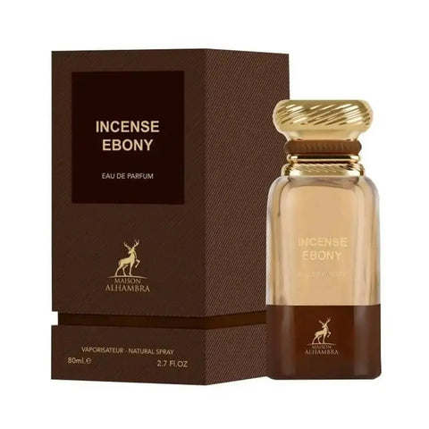 Maison Alhambra Incense Ebony Eau De Parfum spray bottle by Jag Couture London New York, 80ml, with elegant black packaging