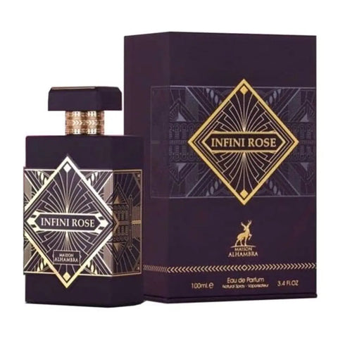 Maison Alhambra Infini Rose Eau De Parfum spray by Jag Couture London New York, 100ml bottle with elegant floral design.