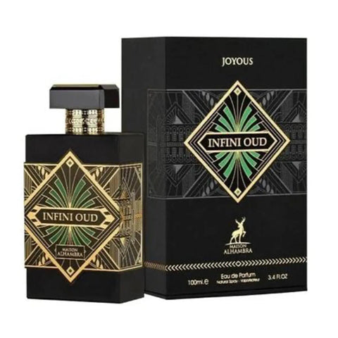 Maison Alhambra Joyosus Infini Oud Eau De Parfum spray, 100ml bottle, featuring luxurious fragrance and elegant packaging.